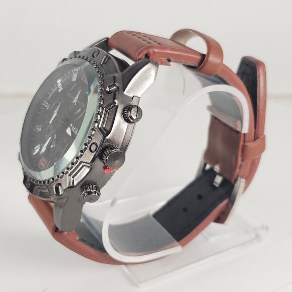 Raglan Men's Quartz Watch Black Dial Brown Band 43.9mm Case Chrono Look NEW - Picture 3 of 13